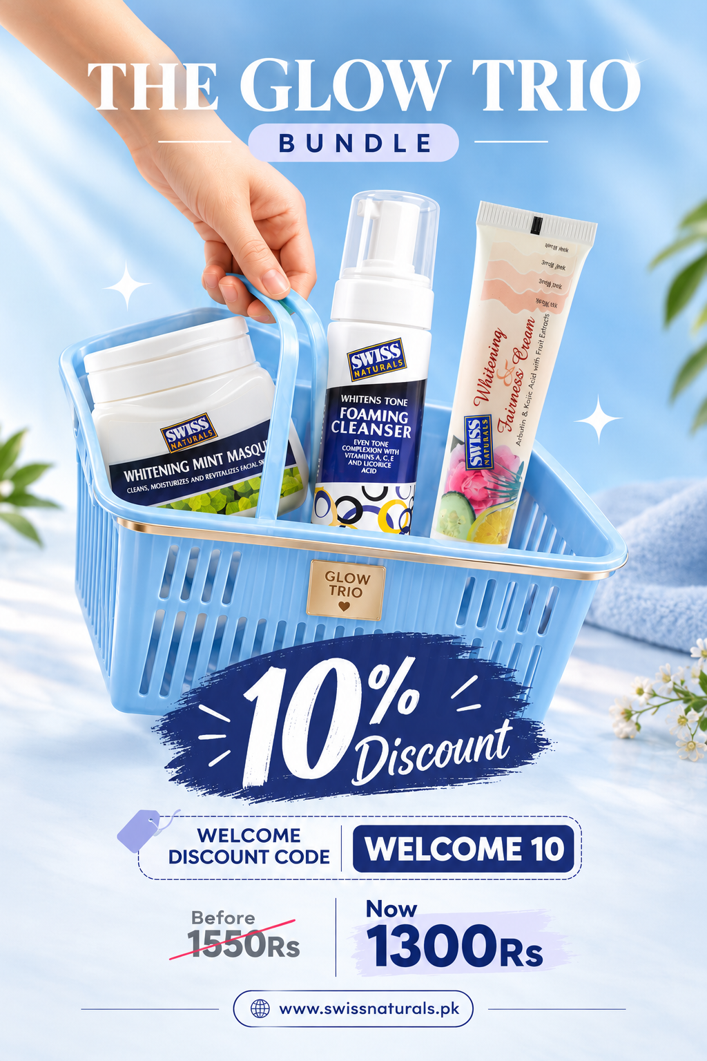Swiss Naturals Glow Trio with Whitening Mint Masque, Foaming Cleanser and Whitening Fairness Cream