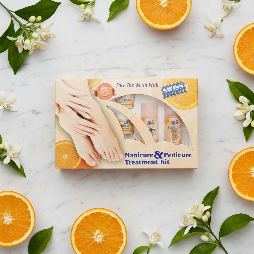 Manicure Pedicure Kit Gift Pack with orange slices on marble surface