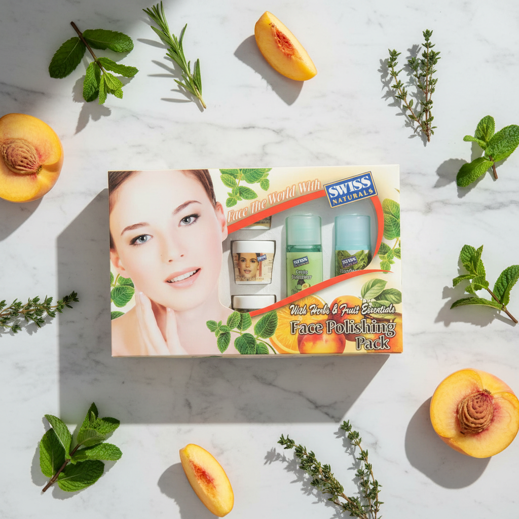 Skin Polish Kit Gift Pack with herbs and peach on marble surface